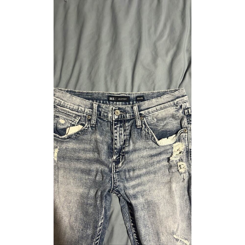 BKE Jake Straight Jeans Mens 33x32 Blue Distressed Denim Stretch Buckle